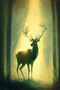 A royal stag in green forest digital illustration
