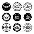 Royal stamp collection. Vector circle badges with crown design element