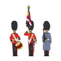 The royal standard bearer in a bearskin hat. A guard in a greatcoat.