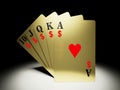 A royal straight flush hand with money symbol/