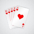 A royal straight flush playing cards poker hand in hearts Royalty Free Stock Photo