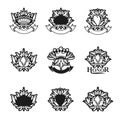 Royal symbols, Flowers, floral and crowns, emblems set. Heraldic vector design elements collection. Retro style label, heraldry Royalty Free Stock Photo