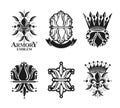 Royal symbols Lily Flowers, floral and crowns, emblems set. Heraldic vector design elements collection. Retro style label, Royalty Free Stock Photo