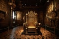 royal throne room in castle, with suit of armor and saber guards on either side of the throne Royalty Free Stock Photo