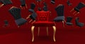 The royal throne in the room with falling black chair. Red carpet leading to the luxurious throne, Place for the king. Royal thron