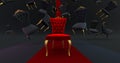 the royal throne in the room with falling black chair. Red carpet leading to the luxurious throne, Place for the king. Royal thron