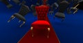 the royal throne in the room with falling black chair. Red carpet leading to the luxurious throne, Place for the king. Royal thron