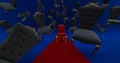 the royal throne in the room with falling black chair. Red carpet leading to the luxurious throne, Place for the king. Royal thron