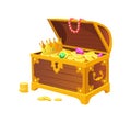 Royal treasures. Golden chest bin from cave with crown and jewellery cartoon vector