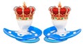 Royal twins concept. Two blue pacifiers with golden crown. 3D rendering Royalty Free Stock Photo