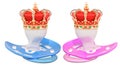 Royal twins concept. Two pacifiers with golden crown. 3D rendering Royalty Free Stock Photo