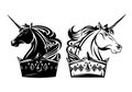 Royal unicorn horse in king crown black and white vector head portrait set