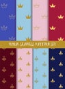 Royal vector seamless pattern set. Crowns and lily