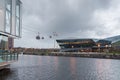 Royal Victoria Docks cable car station on a rainy day. Royalty Free Stock Photo