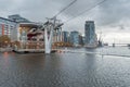 Royal Victoria Docks cable car station on a rainy day. Royalty Free Stock Photo