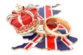 Royal wedding concept. Wedding rings with royal crown on the British map, 3D rendering Royalty Free Stock Photo