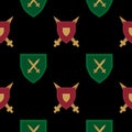 Royalty ancient seamless pattern with shields and swords on the black background Royalty Free Stock Photo