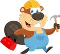 Cute Beaver Cartoon Character Construction Worker Running Tool Box And Hammer