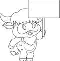 Outlined Cute Highland Cow Animal Cartoon Character Holding Up A Blank Sign Royalty Free Stock Photo