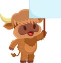 Cute Highland Cow Animal Cartoon Character Holding Up A Blank Sign Royalty Free Stock Photo