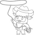 Outlined Cute Highland Cow Animal Cartoon Character Cowboy With Lasso Royalty Free Stock Photo