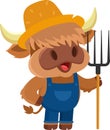 Cute Highland Cow Farmer Cartoon Character Carrying A Rake Royalty Free Stock Photo