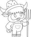 Outlined Cute Highland Cow Farmer Cartoon Character Carrying A Rake Royalty Free Stock Photo