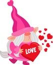 Cute Valentine Female Gnome Cartoon Character Sends Kisses And Holding Red Love Heart