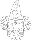 Outlined Cute Valentine Gnome Cartoon Character Holding Hearts With Text Love