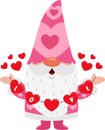 Cute Valentine Gnome Cartoon Character Holding Hearts With Text Love