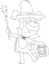 Outlined Halloween Costumed Dog Cartoon Character With Magic Wand And Pumpkin Bag