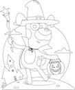 Outlined Halloween Costumed Dog Cartoon Character With Magic Wand And Pumpkin Bag