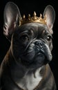 Royalty of French bulldog dog with a golden crown on his head