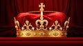 Royalty, monarch coronation or leadership conceptual idea with king gold crown with jewels on red velvet pillow Royalty Free Stock Photo