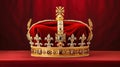 Royalty, monarch coronation or leadership conceptual idea with king gold crown with jewels on red velvet pillow Royalty Free Stock Photo