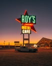 Roys Motel & Cafe neon sign at night, on Route 66 in the Mojave Desert of California