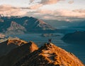 Roys peak beautiful mountain landscape background. Lake Wanaka New Zealand. Top view mountains overlooking scenic view Royalty Free Stock Photo