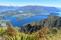 View from the top of Roys Peak to Lake Wanaka and the surrounding mountains in New Zealand Royalty Free Stock Photo
