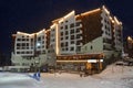 Roza Khutor, Sochi, Russia, January, 25, 2018. Rosa Plateau. Balneo-hotel Rosa Springs 4* on the Rosa Khutor in heavy snowfall in