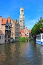 The Rozenhoedkaai canal in Bruges with the belfry in the background. Belgium, Europe.