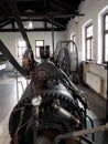 Rozewie, Poland, May 13, 2022: The building of the old engine room at the Rozewie lighthouse, containing a locomotive, generator,
