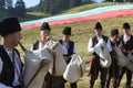 Rhodope bagpipers playing tunes on a famous Rozhen folklore festival in Bulgaria Royalty Free Stock Photo