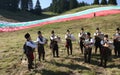 Rhodope bagpipers playing tunes on a famous Rozhen folklore festival in Bulgaria Royalty Free Stock Photo