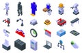 RPA icons set. Automation industry concept with robots producing goods, working on production line, software interface