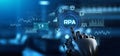 RPA Robotic process automation innovation technology concept. Robot pressing virtual button. 3d rendering. Royalty Free Stock Photo