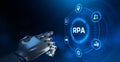 RPA Robotic process automation innovation technology concept. Robot pressing virtual button. 3d rendering. Royalty Free Stock Photo
