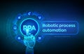 RPA Robotic process automation innovation technology concept on virtual screen. Robotic hand touching digital interface. AI. Royalty Free Stock Photo