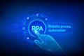 RPA Robotic process automation innovation technology concept on virtual screen. Wireframed robotic hand touching digital graph Royalty Free Stock Photo