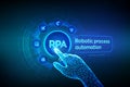 RPA Robotic process automation innovation technology concept on virtual screen. Wireframed robotic hand touching digital Royalty Free Stock Photo