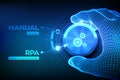 RPA Robotic process automation innovation technology concept. Wireframe hand turning a knob and selecting RPA mode. Intelligent